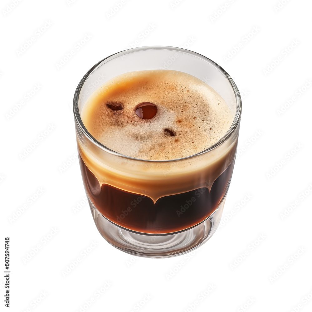 A photo of a delicious looking espresso in a glass cup with foam on top. A photo of a delicious looking espresso in a glass cup with foam on top.