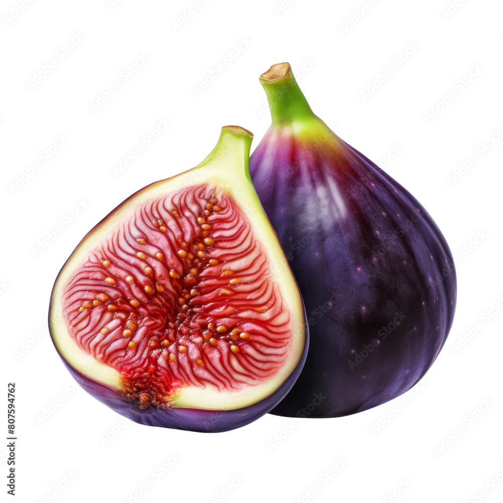 Fresh and ripe fig. The fig is purple and has a green stem. The fig is cut in half, revealing the juicy, red interior. Fresh and ripe fig. The fig is purple and has a green stem. The fig is cut in half, revealing the juicy, red interior.