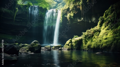 waterfall cascading down a moss-covered cliffside, surrounded by lush greenery ,spring flowers.