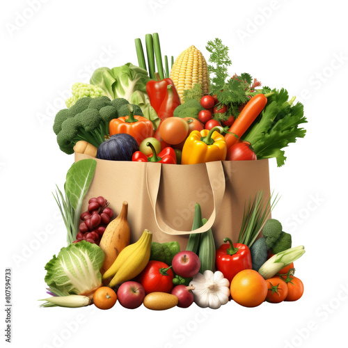 A grocery bag full of fresh fruits and vegetables.