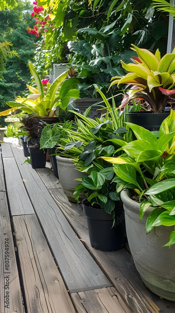 A harmonious row of lush potted plants gracefully adorns a charming wooden deck, creating a serene and inviting outdoor oasis A harmonious row of lush potted plants gracefully adorns a charming wooden deck, creating a serene and inviting outdoor oasis