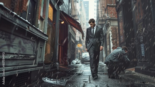  young businessman, dressed in a sharp suit, strides confidently down a rain-slicked city street, oblivious to the homeless man huddled in a doorway just a few feet away.  photo