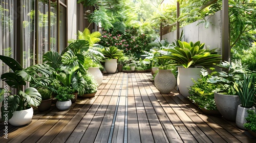 A harmonious row of lush potted plants gracefully adorns a charming wooden deck  creating a serene and inviting outdoor oasis