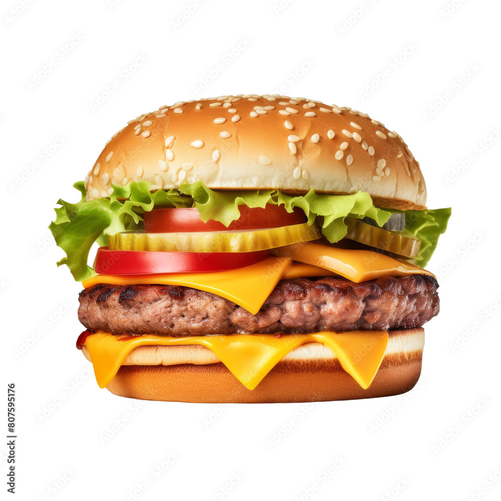 A delicious cheeseburger with lettuce, tomato, and pickles. A delicious cheeseburger with lettuce, tomato, and pickles.