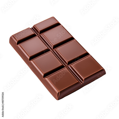 A chocolate bar isolated on a transparent background. The chocolate bar is brown and has a smooth, shiny surface. It is divided into 8 squares.