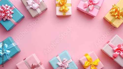 card with random colors gift boxes on background arranged in a flat lay top view and text space