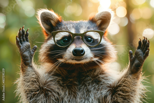 Portrait of cute funny racoon with glasses standing and showing open palms. Created with Ai