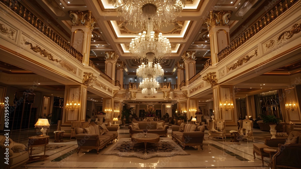 Fototapeta premium A grand room filled with numerous plush couches arranged elegantly around a magnificent chandelier hanging from the ceiling