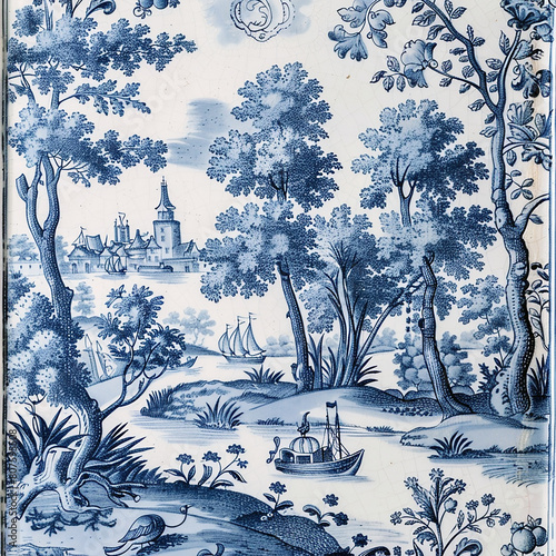 beautiful pattern of blue,genre scenes and blue motifs in flemish porcelain . AI generativ. photo