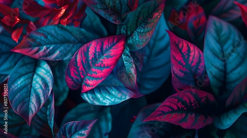 A detailed view of a plant with striking crimson and azure leaves  showcasing their vivid colors and unique patterns