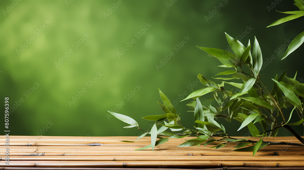 Obraz premium Bamboo wooden table with green bokeh background