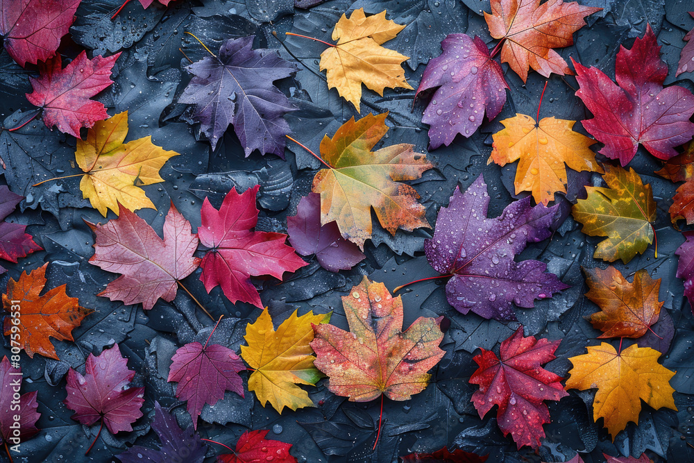 A colorful photograph shows various autumn leaves scattered on the ground. Created with Ai