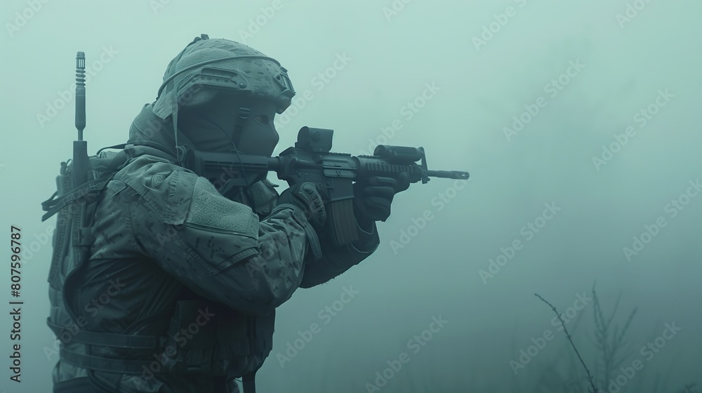 Fototapeta premium Soldier in tactical gear holding Assault rifle