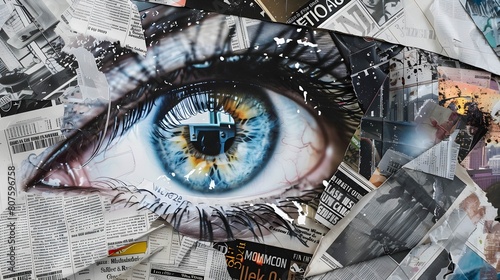 A collage featuring various newspapers overlaid with a striking eye, creating a thought-provoking and visually compelling composition photo