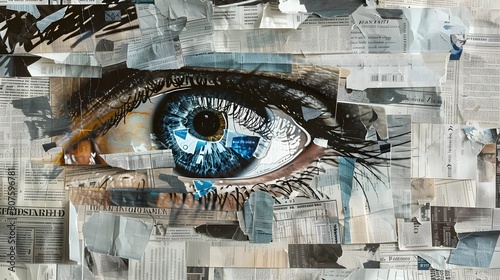 A collage featuring various newspapers overlaid with a striking eye, creating a thought-provoking and visually compelling composition photo