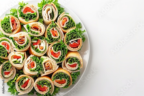 Top view of a plate of sandwich in roll up pattern as a part of decoration over white plate with a big space for text or product advertisement, Generative AI.