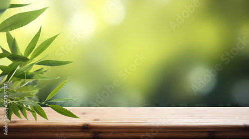 Bamboo wooden table with green bokeh background