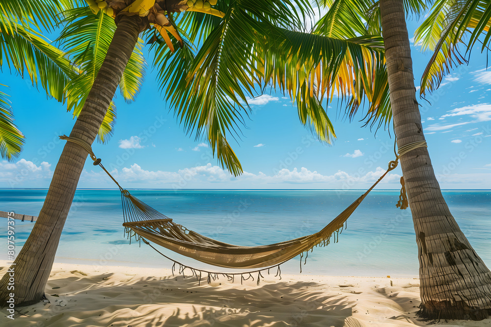 Fototapeta premium A hammock hanging between two palm trees on a tropical beach