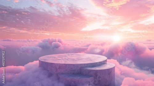 round podium for product display floating on clouds,  soft mist, fleeting moments