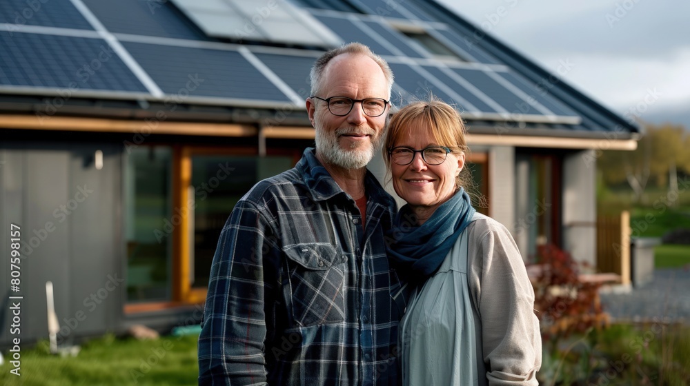 A happy middle-aged couple standing in front of their modern home.