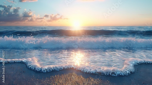   The sun descends over the ocean as waves crash against the shore, and the water reflects the setting sunlight photo