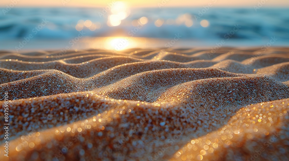 A photo zooms in on granules of sand on a seashore, with the setting sun casting a glow behind it and the vast ocean visible beyond A photo zooms in on granules of sand on a seashore, with the setting sun casting a glow behind it and the vast ocean visible beyond