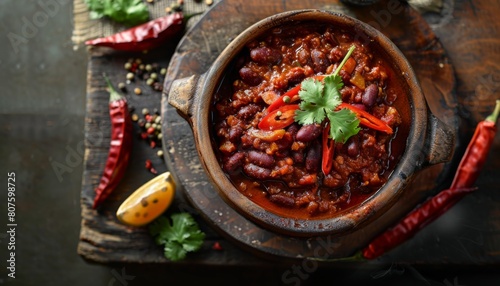 photo shot a bowl of chili sitting on top of a table, hurufiyya, detailed product image, zmonzheng, deep impasto, food photograph, top view, copy space