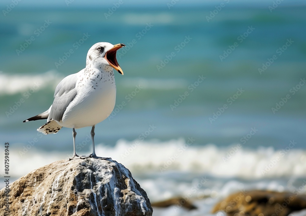 Fototapeta premium Seagull Squawking Loudly on Rocky Beach with Waves in Background