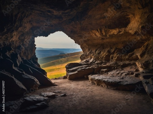 Hollowed Silence  An Empty Cave  Its Entrance Offering a Glimpse of the Outside World