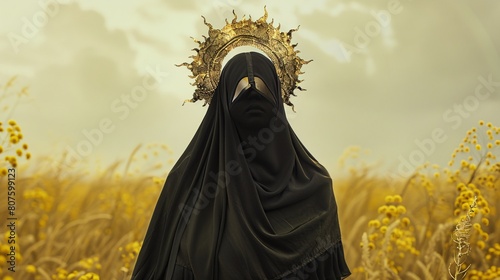 a person wearing a black robe and a black veil with a crown on their head photo