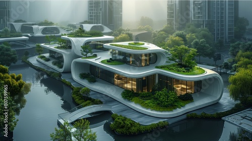Modern architectural urban structure, seen from above, predominantly white with black accents, fluid design, gardens, green oasis, bathed in soft light, A sleek lines. Generative AI.