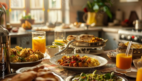 breakfast table with Indian food  healthy diet  smart kitchen background  closeup picture  panaromic  representing healthy lifestyle