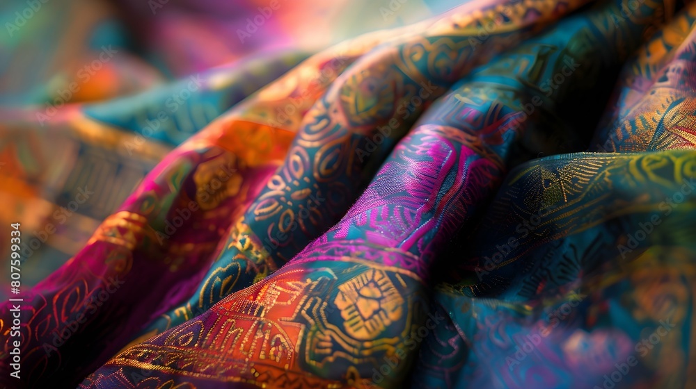 A close up of a colorful piece of cloth with intricate patterns and textures, showcasing a blend of rich tones and striking hues 