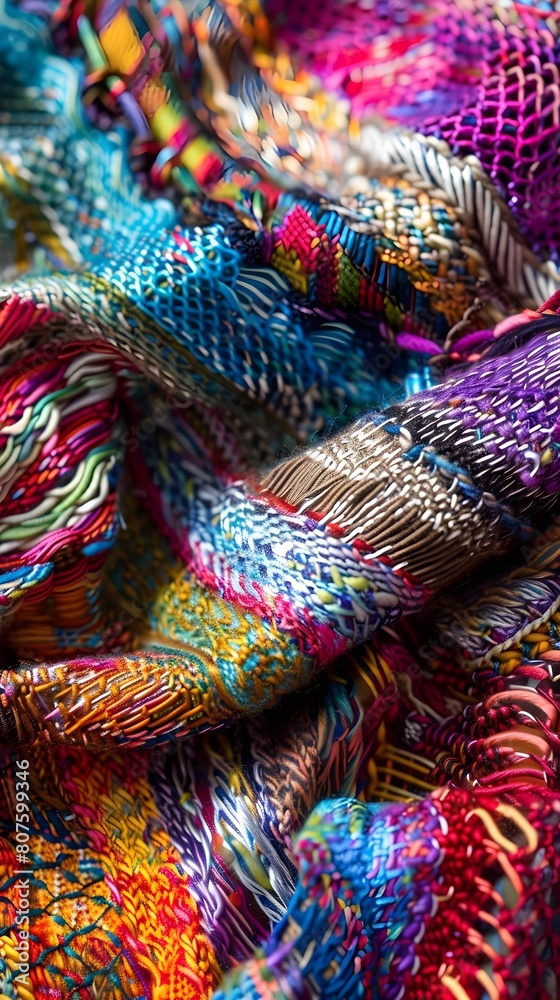 A close up of a colorful piece of cloth with intricate patterns and textures, showcasing a blend of rich tones and striking hues A close up of a colorful piece of cloth with intricate patterns and textures, showcasing a blend of rich tones and striking hues