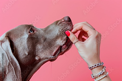 a hand feeding a dog photo