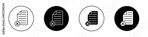 Delete document icon set. cancel or remove file vector symbol. decline contract paper sign. denied wrong document icon in black filled and outlined style. photo