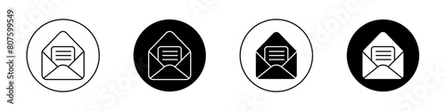 Envelope open icon set. open letter paper vector symbol. read newsletter mail sign. open email or mail web icon in black filled and outlined style. photo