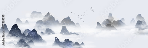 Blue artistic conception, elegant ink landscape painting background