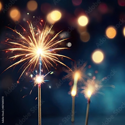 Celebratory fireworks display and bright sparklers set against a bokeh background