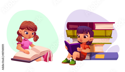 Kids reading books at library or home. Cartoon vector illustration set of cute child girl with textbook and boy sitting near big stack of literature. Childish education or read hobby concept.