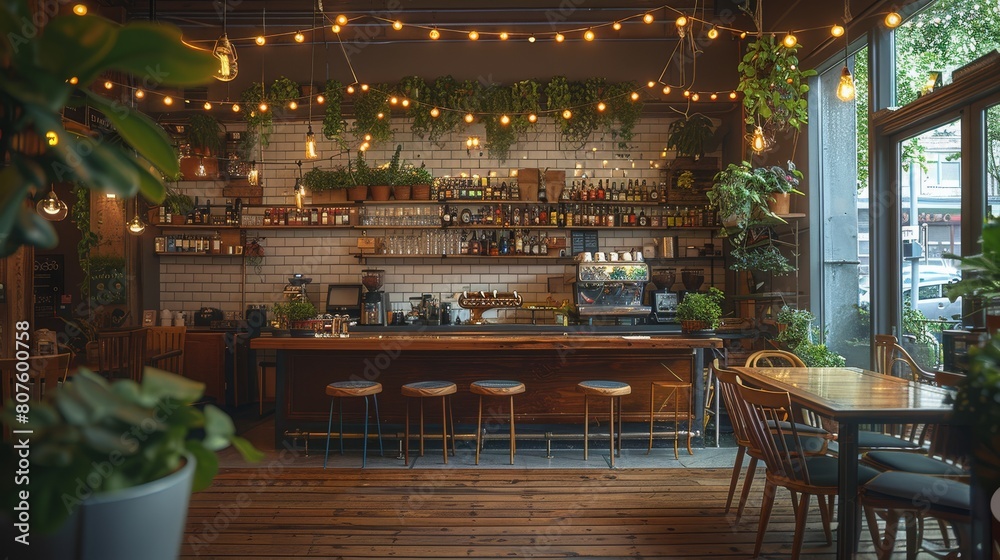 A cozy dining room with wooden floors and white tile walls and ceiling covered in string lights. Large plants hang from the ceiling. A long dark wood table is surrounded by chairs. Generative AI.
