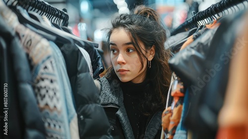  young woman browsing through a clothing rack, her eyes scanning for the perfect outfit to express her unique style. 