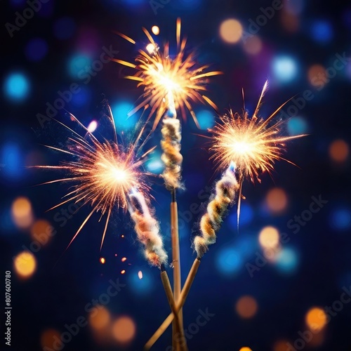 Celebratory fireworks display and bright sparklers set against a bokeh background