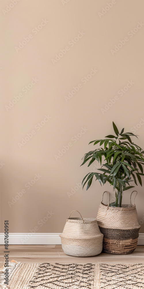 Serene minimalist interiors with natural textures and warm colors. Interior design composition with copyspace for text. Serene minimalist interiors with natural textures and warm colors. Interior design composition with copyspace for text.