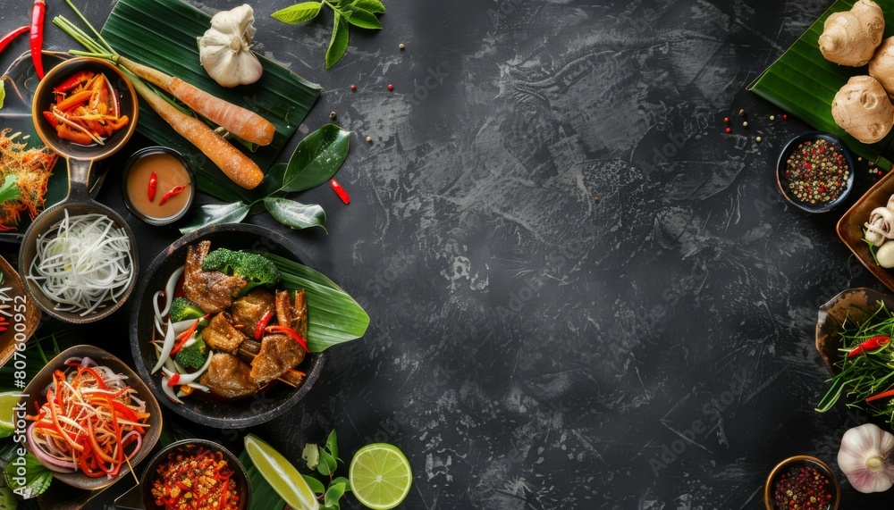 close up asian thailand cuisine on dark background flatlay layout with empty space close up asian thailand cuisine on dark background flatlay layout with empty space