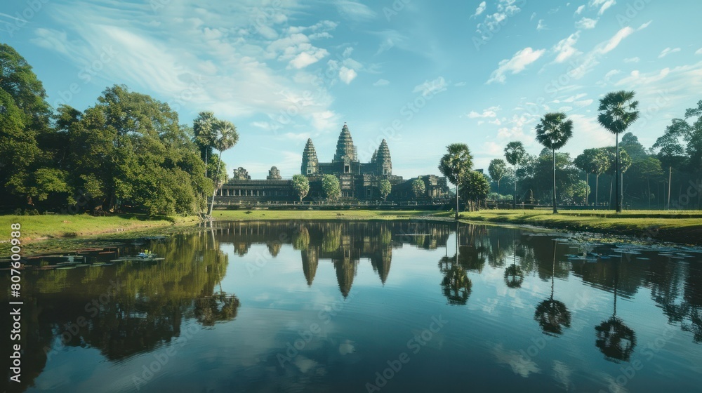 Naklejka premium Angkor Wat, the majestic temple complex in Cambodia, surrounded by lush greenery and reflecting pools. 