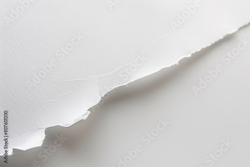 Close-up of torn paper edge on white background with ample empty