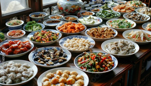 a table of many plates of food traditional chinese