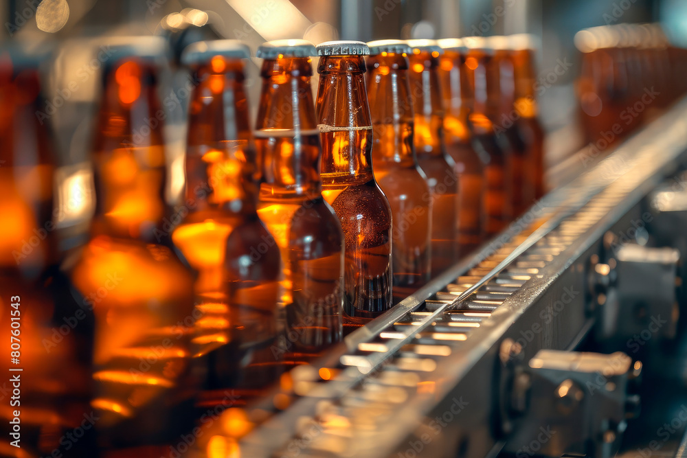 Bottles of beer on a conveyor belt production. Refreshing beverage industry. Bottles of beer on a conveyor belt production. Refreshing beverage industry.