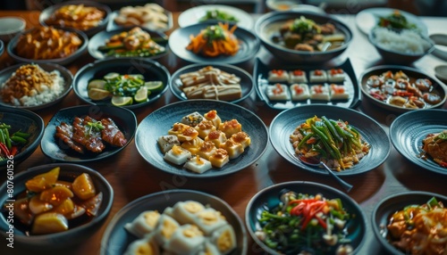 a table of many plates of food,traditional chinese